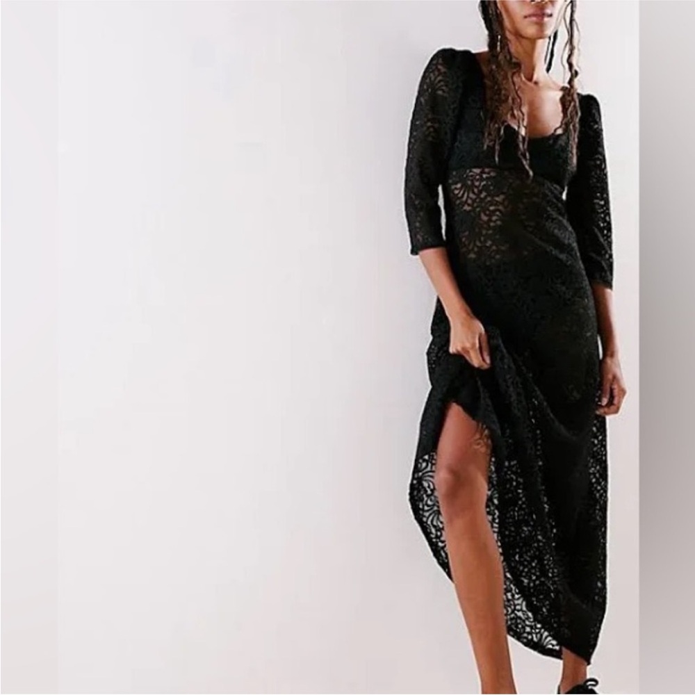 Free People Adored Maxi Dress Black Lace Open Back Boho Gown NWOT!